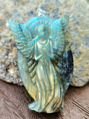 Nature Labradorite Carved Flashy Praying Angel Pendant Necklace